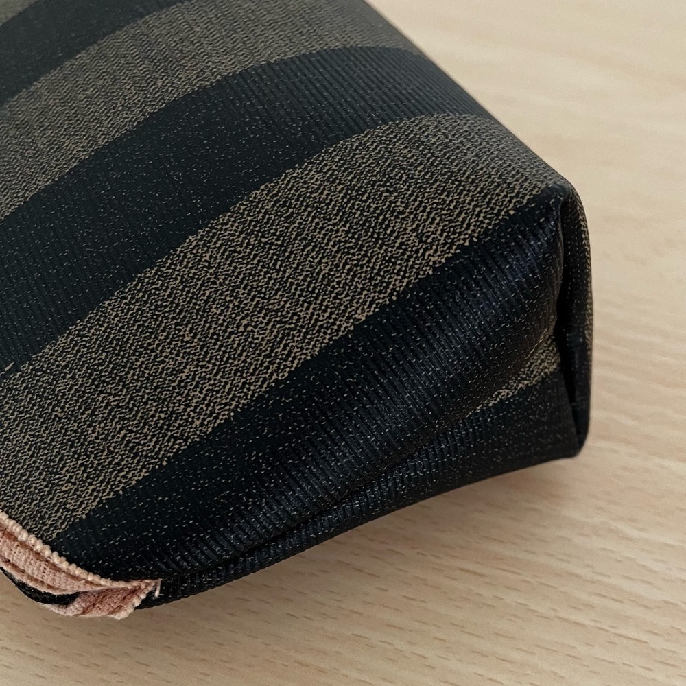 FENDI Pecan Striped Canvas Pouch Black Brown Gold COA 1980s Italy - Picture 9 of 17
